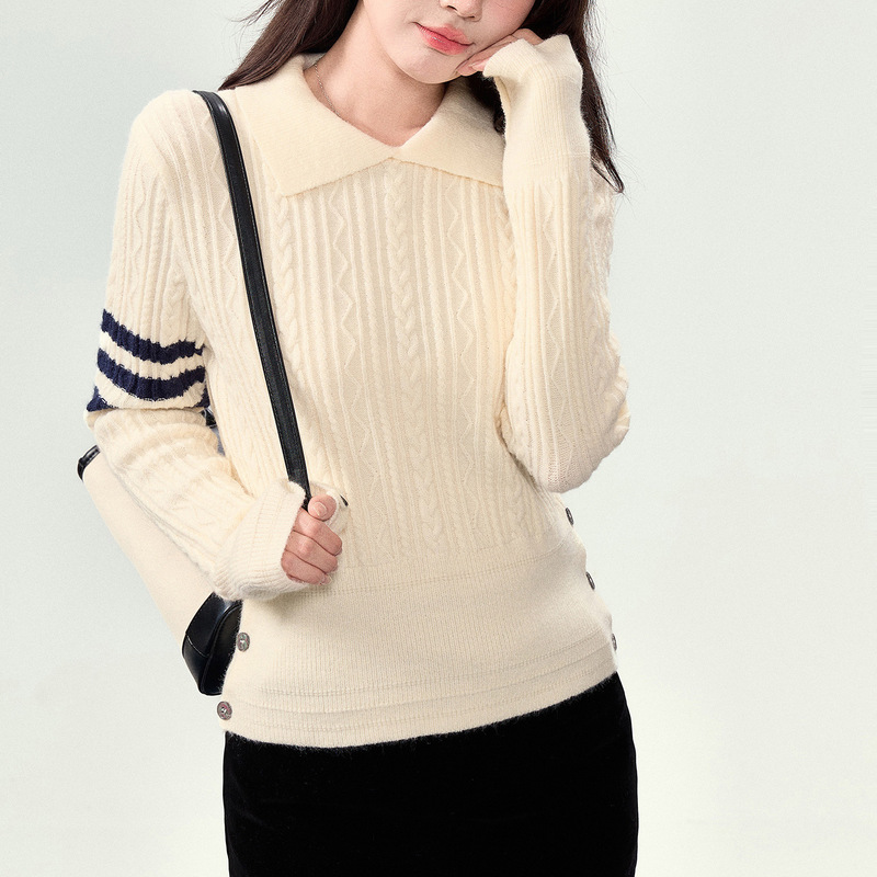 Tb New Three-Stripe Lapel Preppy Style Polo Collar Pullover Bottoming Knitwear Hemp Texture Pullover Knitwear