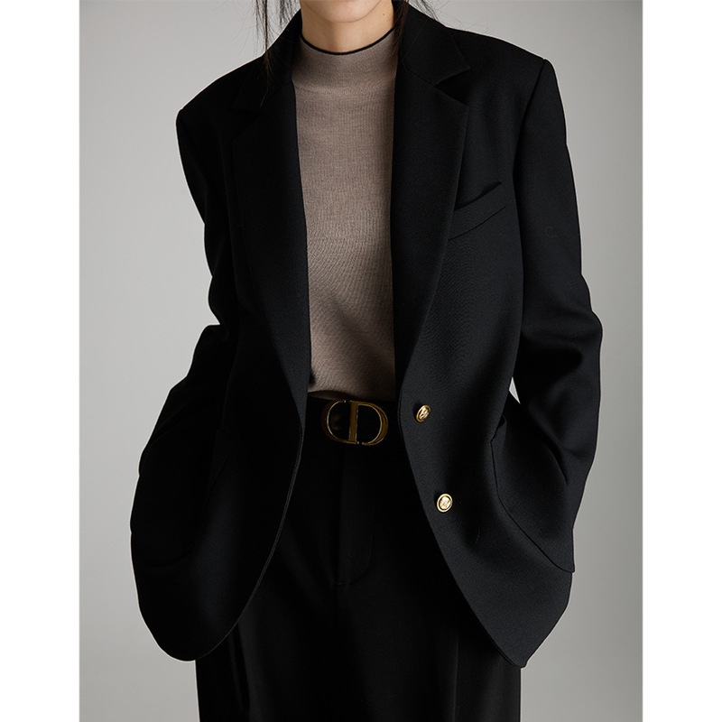 Women's Wool Blazer, Single-Breasted, Belted, Slim Fit, Elegant, Versatile, Simple Suit, European and American Style