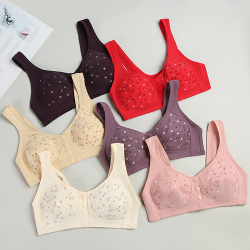 New printed front button underwear, women's soft cotton vest style bra for middle-aged and elderly people, large size non-wired underwear for women