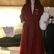 红色全羊毛双面尼浴袍系带 大衣女冬新款过年氛围感外套