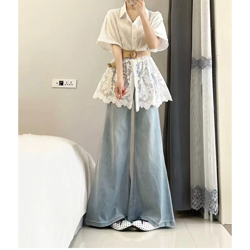 2026 New Summer Style French Gentle Style Lace Patchwork Shirt Paired with High-Waisted Jeans Slimming Two-Piece Set for Women 2026 New Summer Style French Gentle Style Lace Patchwork Shirt Paired with High-Waisted Jeans Slimming Two-Piece Set for Women