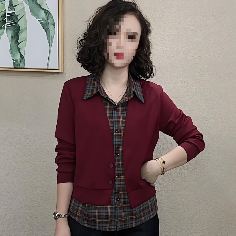 假两件洋气格纹衬衫女气质外贸翻领上衣秋装爆款别致拼接显瘦衬衣|undefined