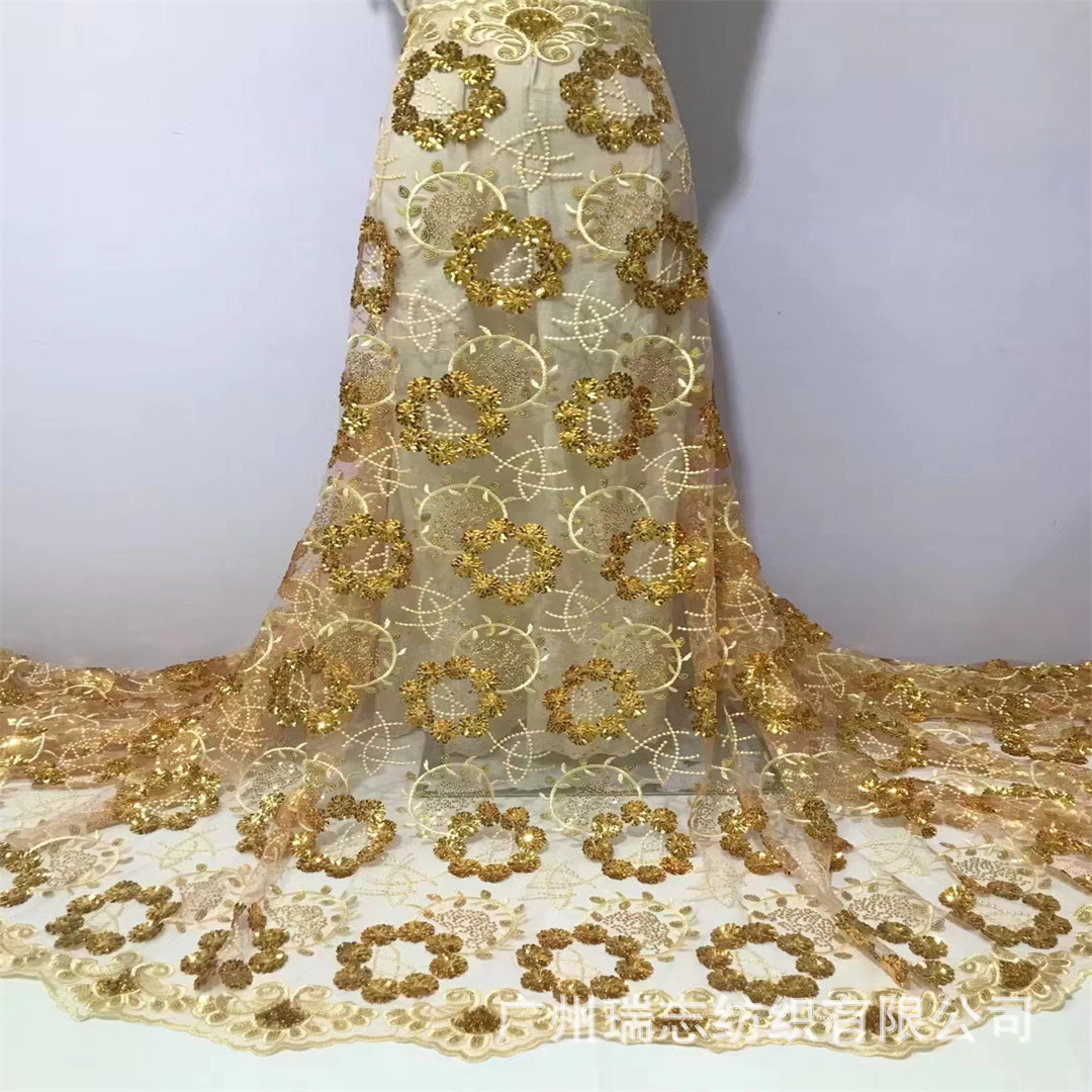 Sequins lace laminación de gran flor posicionamiento patrón de malla de hilo de bordado sequinilla perspectiva desfile vestido de prom tela