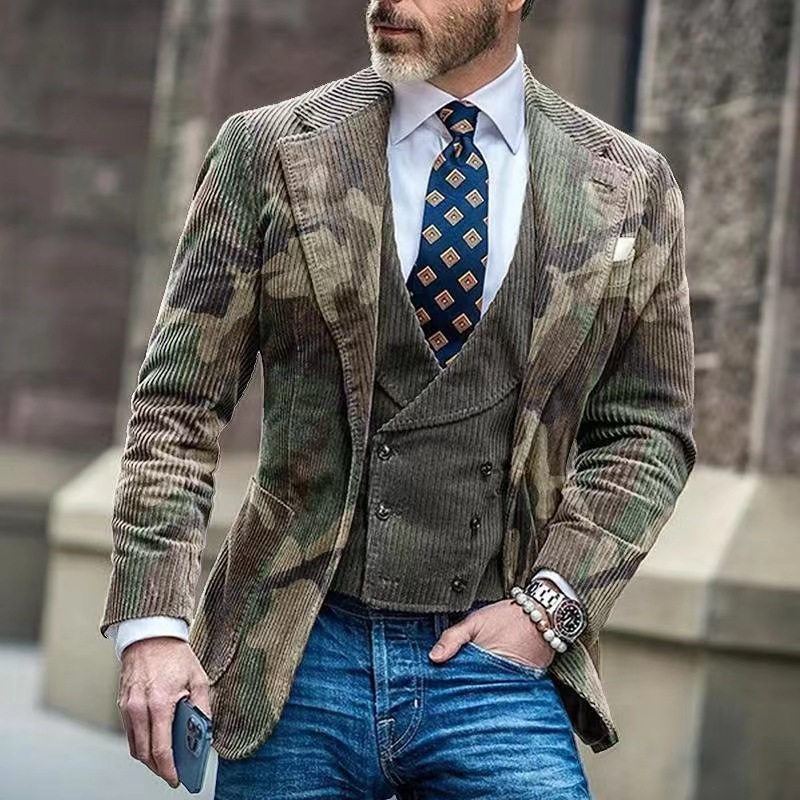 Men's New Casual Suits, Cross-Border Amazon Bestsellers, Printed Business Suits, Long-Sleeved Four-Season Tops, Retro