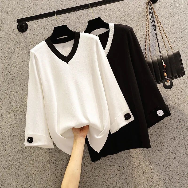 Spring and Autumn 200 Jin plus size Fat MM300 Jin T-shirt Women's fleece-lined Foreign Style Fragrant Style V Neck plus size Loose Slim Top