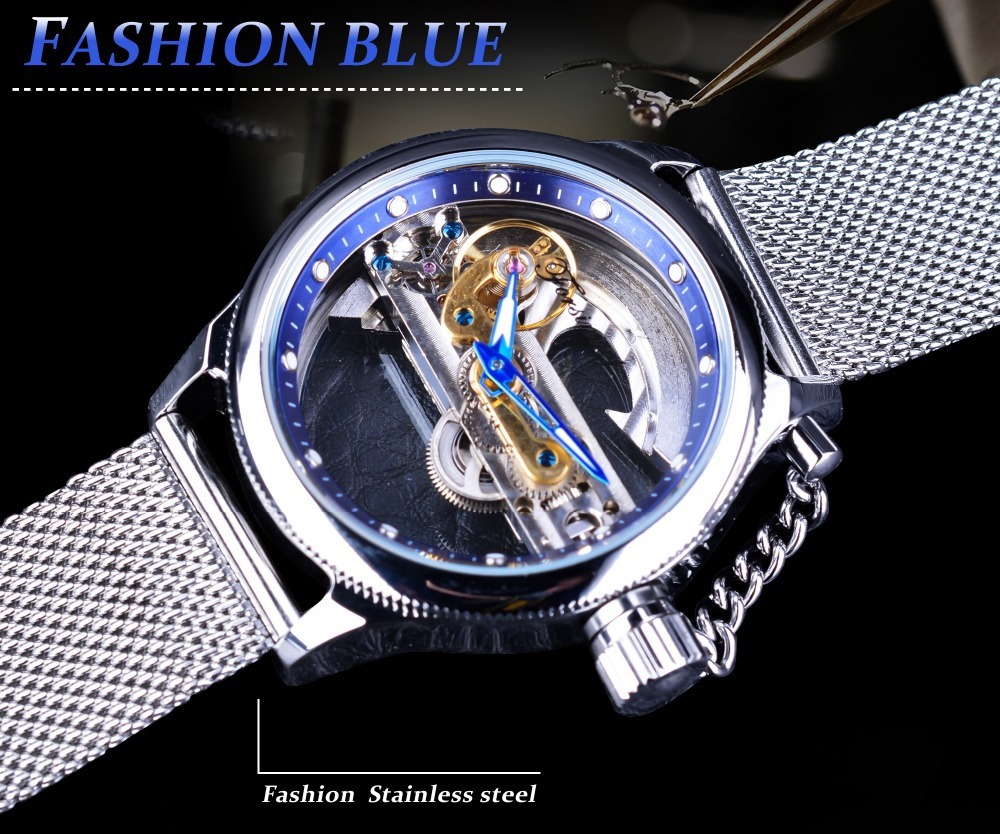 Forsining Men's Transparent One Machine Mechanical Watch Automatic Mesh Belt Hollow Stainless Steel Waterproof Watch_voghion.com
