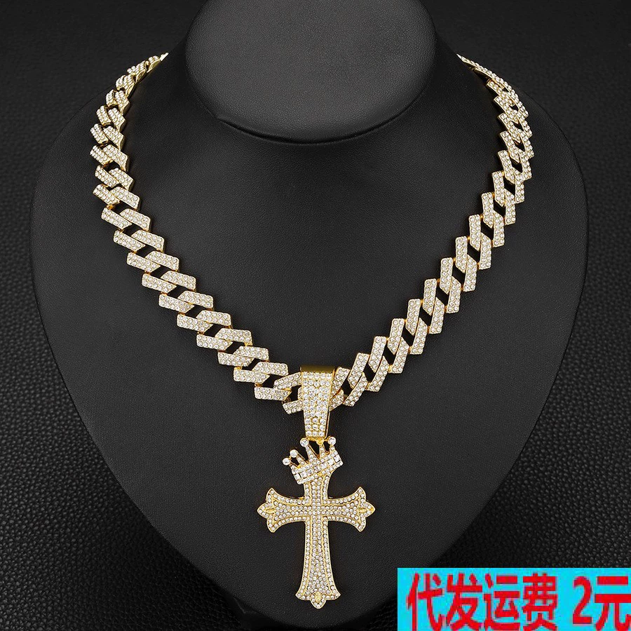 Производители трансграничных поставок полный бриллиант короны крест подвеска экологически чистые гальванические сплавы с бриллиантами кубинские украшения ожерелье