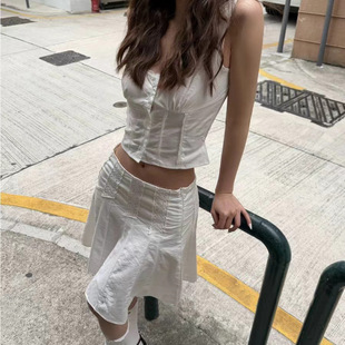 小眾itch重工藝白色蕾絲半身裙法式復古A字高腰短裙傘裙+背心套裝