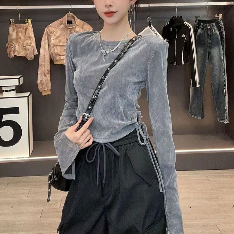 Gray Velvet Long-Sleeved Shirt for Women Spring and Autumn New Korean Style Vintage Top Slimming Inner Layering Shirt Gray Velvet Long-Sleeved Shirt for Women Spring and Autumn New Korean Style Vintage Top Slimming Inner Layering Shirt