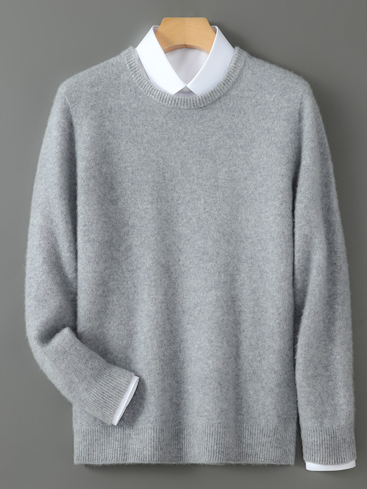 Suéter de cachemira de hombre cuello redondo de piel suéter de negocios de invierno 100% lana australiana cuello redondo