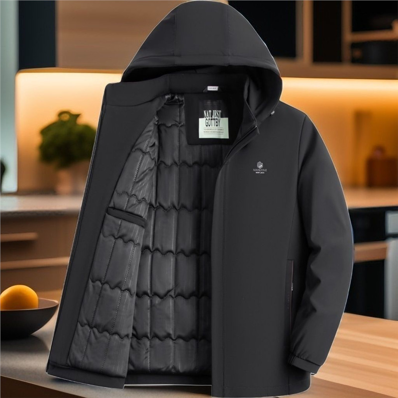New Style Cotton-Padded Jacket for Middle-Aged and Elderly Men, Dad's Wear, Thickened with Cotton and Hooded Casual Stand-Up Collar Jacket
