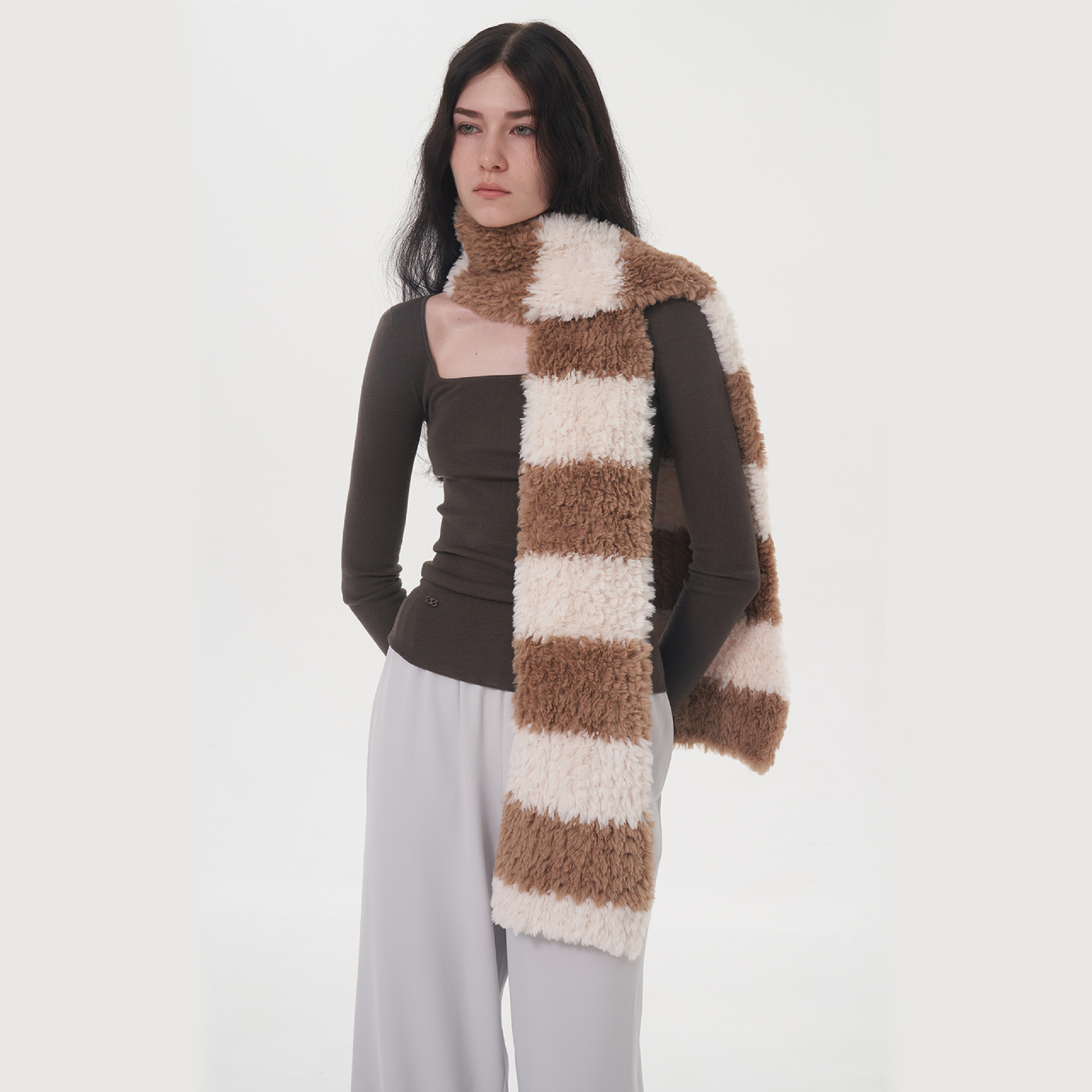 Women's Scarves Soft striped two-color plush scarf for women winter new warm thickened versatile cute knitted scarf scarf_voghion.com