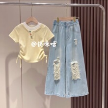 女童套装夏季新款2026中大童假两短袖破洞牛仔阔腿裤两件套ins风