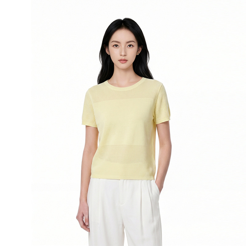 Lyocell Tencel Hollow-Out Design Round Neck Short-Sleeved T-Shirt for Women 2026 Summer New Solid Color Loose Knit Top Lyocell Tencel Hollow-Out Design Round Neck Short-Sleeved T-Shirt for Women 2026 Summer New Solid Color Loose Knit Top