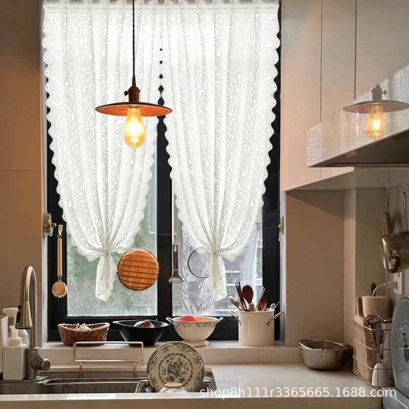 French-Style Light Luxury Lace Sheer Curtain for Bedroom Bay Window Balcony Curtain, Wave Design, No-Drill Installation with Magic Tape