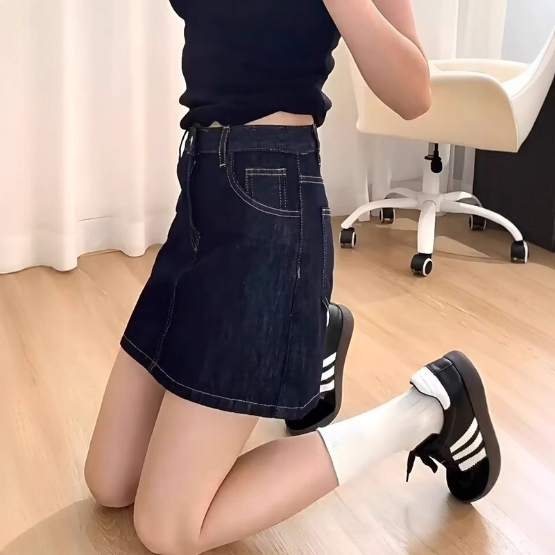 Dark Blue Denim Culottes for Women in Summer, High-Waisted, Large Size, Fat mm Slimming Look Short Skirt, Pear-Shaped Figure, A-Line Skirt