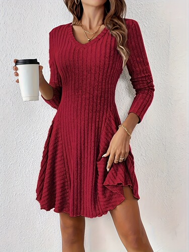 Cozy A-line Dress for Autumn/Winter Fashion, Long Sleeve Knit, Trendy Outerwear Style
