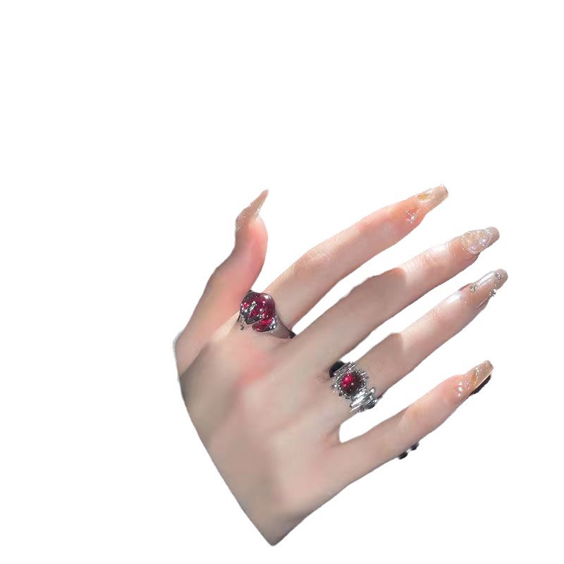 Anello aperto da donna con zircone rosso stile francese vintage_voghion.com