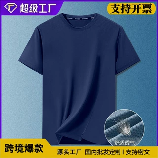 定制跨境外贸男士休闲纯色透气凉感冰丝速干日常网眼短袖T恤圆领