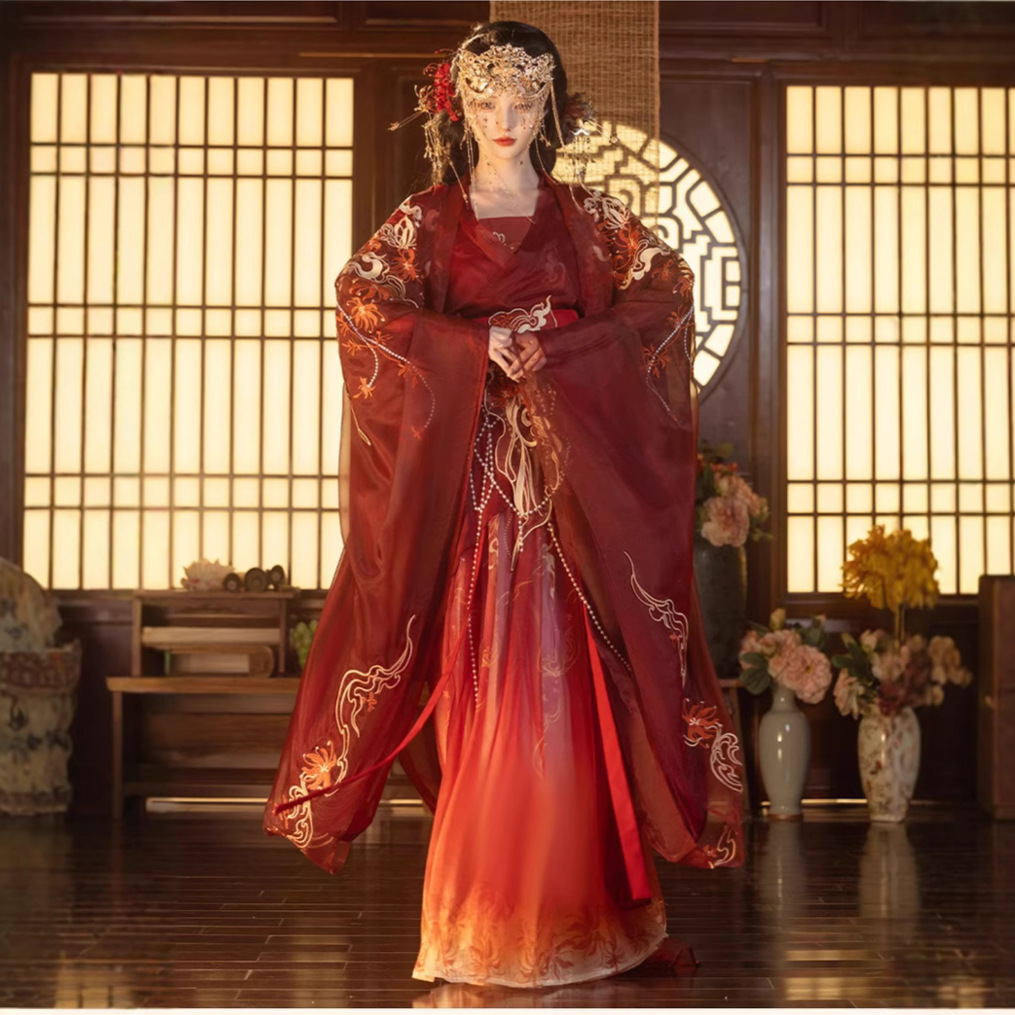Original Hanfu for Women with Heavy Embroidery of the Flower of the Afterlife, Modified Trailing Hem, Warring States Robe for Summer Daily Wear