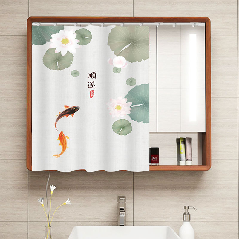 Dressing Table Mirror Shade Curtain Punch-free Sliding Track Bedroom Dust-proof Cover Cloth Bathroom Bathroom Cabinet Shade Mirror Curtain