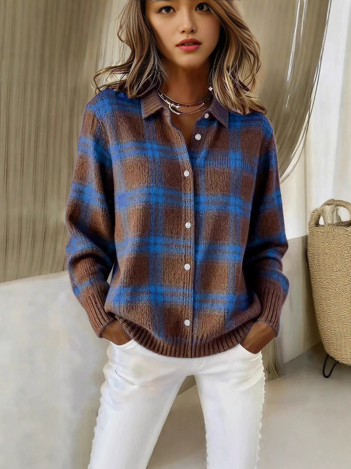 Europa y Estados Unidos transfronterizos Amazon estación independiente de mujer caudal relajado caño invierno cuadrado camisa de cuello largo suéter cardigan