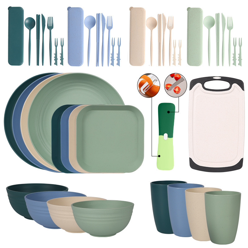 Amazon Wheat Straw Dishes, Plates, Cups, Knives, Forks, Spoons and Chopsticks, Outdoor Camping Style Portable Tableware, Cutting Board, Paring Knife Set