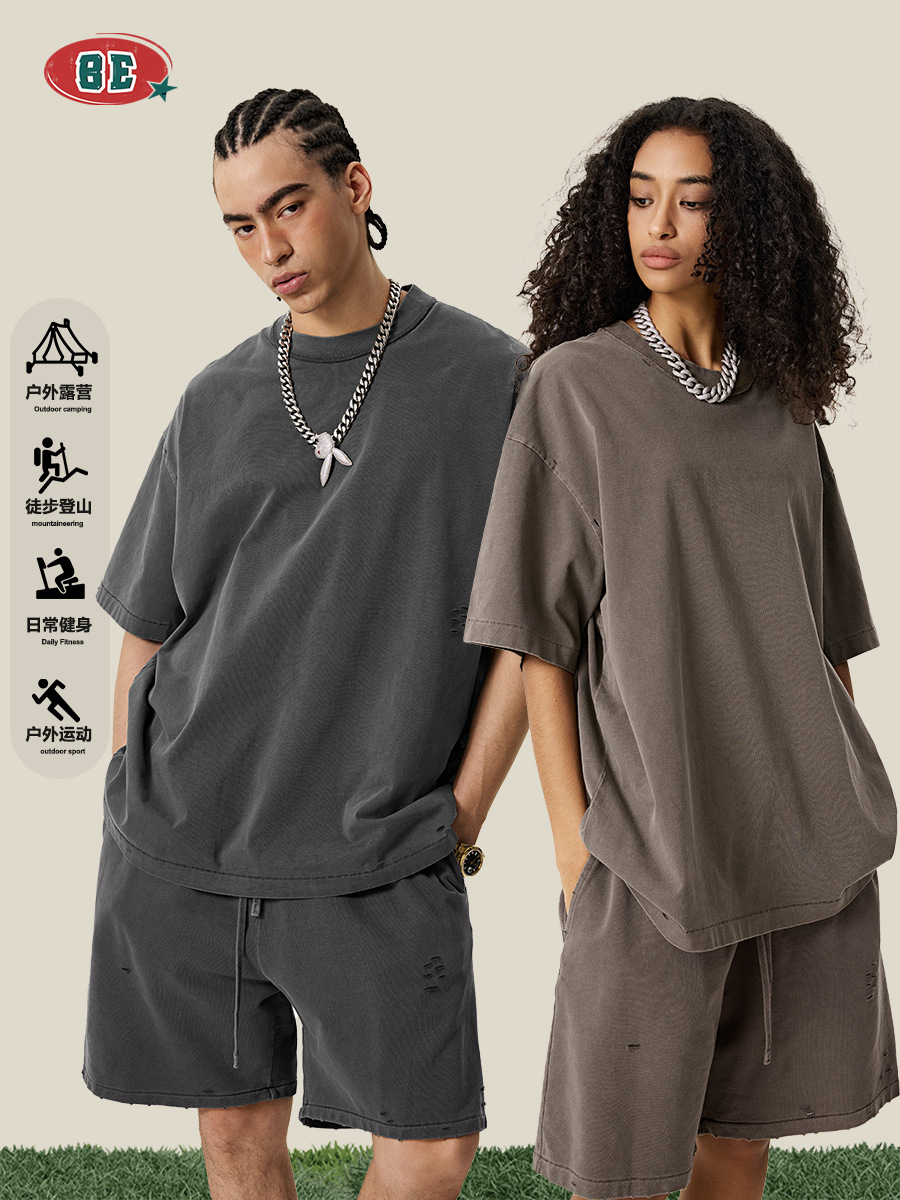 BE ropa de hombre 2025 marca de tendencia transfronteriza de verano gradiente hacer viejo peso pesado suelto agujero de manga corta camiseta set hombre personalizado image 5