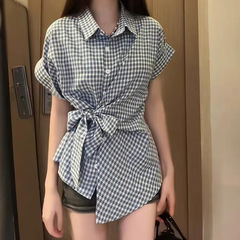 法式复古短袖polo领衬衫女夏季设计感收腰显瘦不规则系带格子上衣