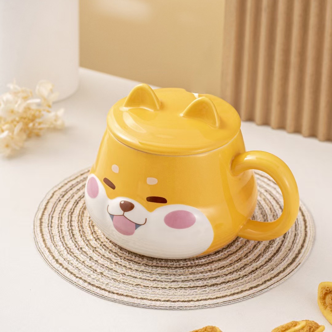 Creative Cartoon Cute Shiba Inu Mug Ceramic With Lid And Spoon Puppy-Shaped Coffee Personalized Souvenir Cup_voghion.com