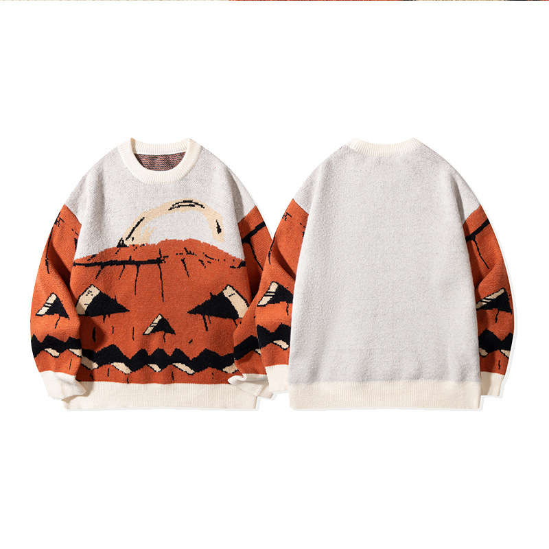 YWFG ropa de mujer retro cara de calabaza estadounidense otoño 2024 pareja superior versátil cuello redondo manga larga suéter de punto