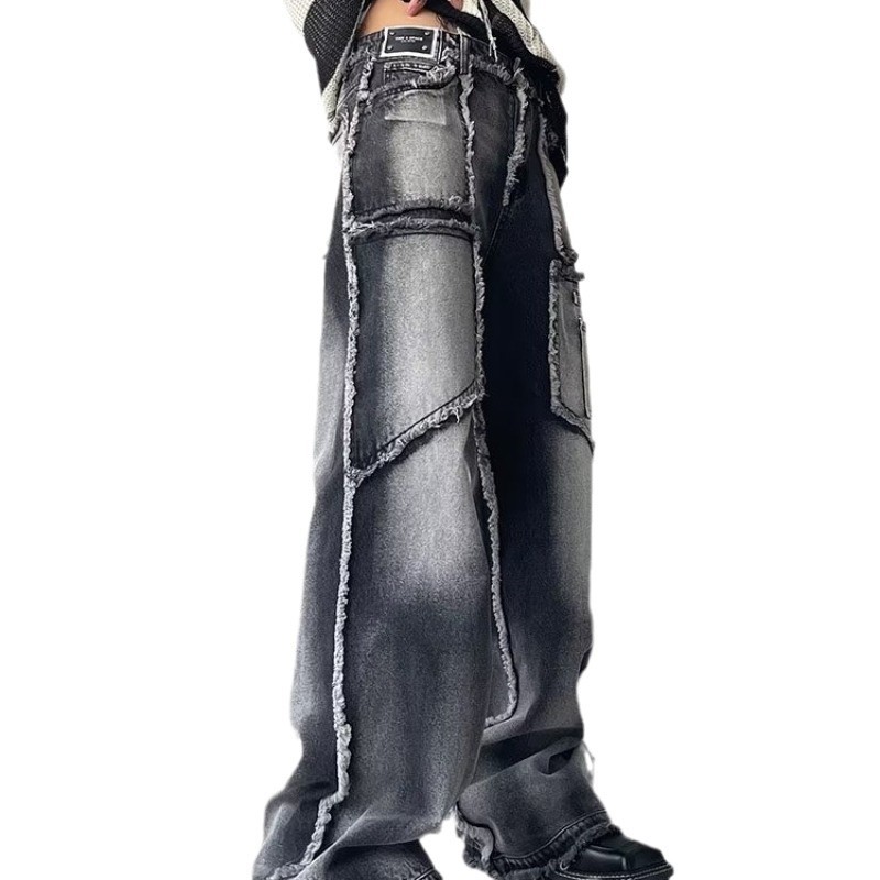 High Street Niche Design Tooling Jeans Men's Loose Straight Autumn And Winter Rough Edge Casual Trousers Ins Trendy Trousers_viptrois.com