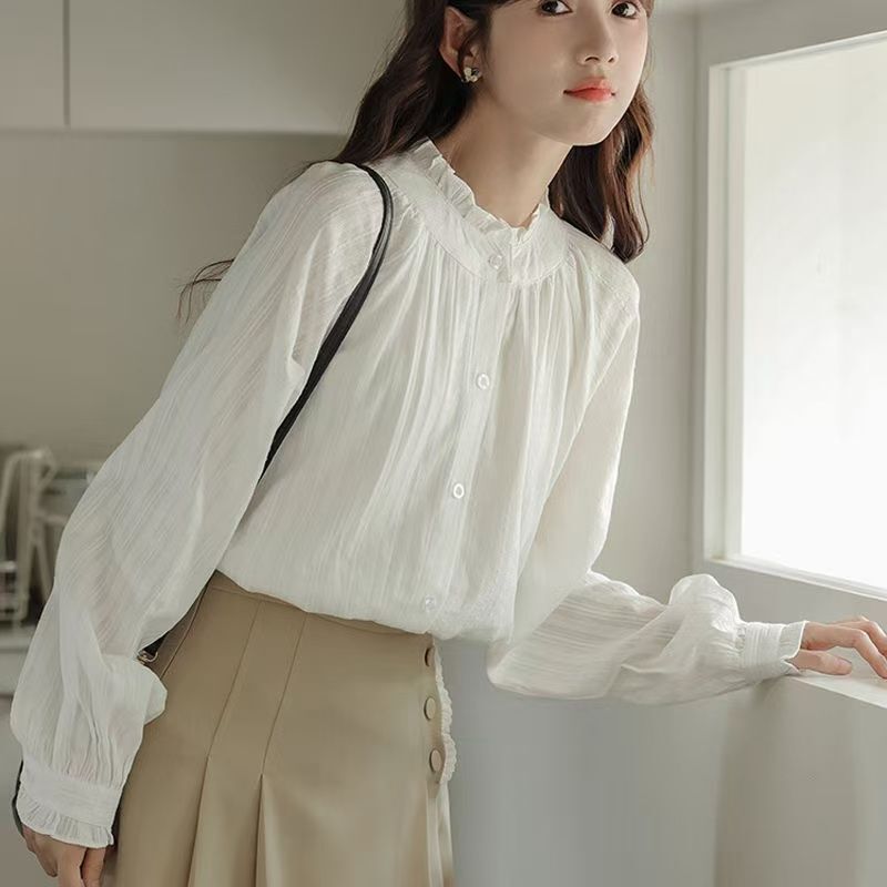 Fleece-Lined French-Style Stand Collar White Ruffled Blouse for Women, Autumn/Winter 2026 New Lace Inner Layer Base Shirt