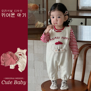 Baby's Spring and Autumn Clothes All-in-one Dress Girl's Western-style Small Suit Striped Top Baby's Strap Spring Outfit