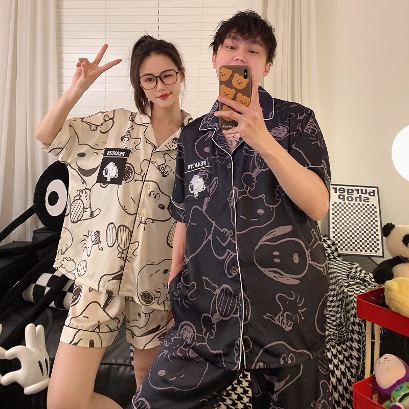 Snoopy Summer Pajamas Imitation Cotton New Cute Cartoon Cyber Popular Cardigan Short Sleeve Casual Couple Home Clothes suit