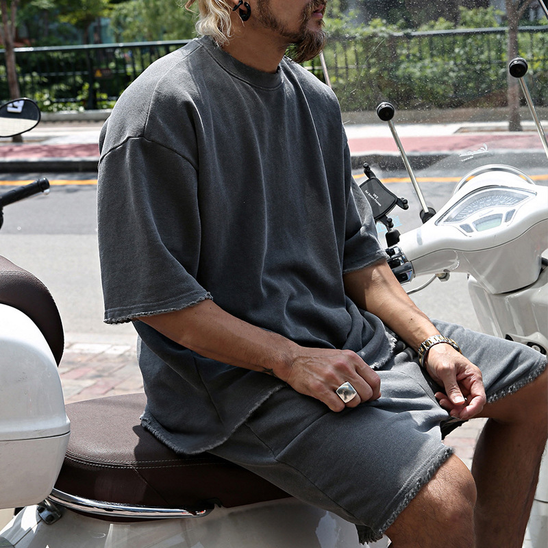 427g Weight Short Sleeve Sleeve Length Cotton Blend Fabric Type Shorts Sets Sets Type 2 Pieces Set Quantity Sports Occasion Round Neck Neckline Regular Fit Fit Type Solid Color Pattern Summer, Spring Season Men's Gender Casual Style Men's Solid Color Shorts Sets Men's Clothing 9