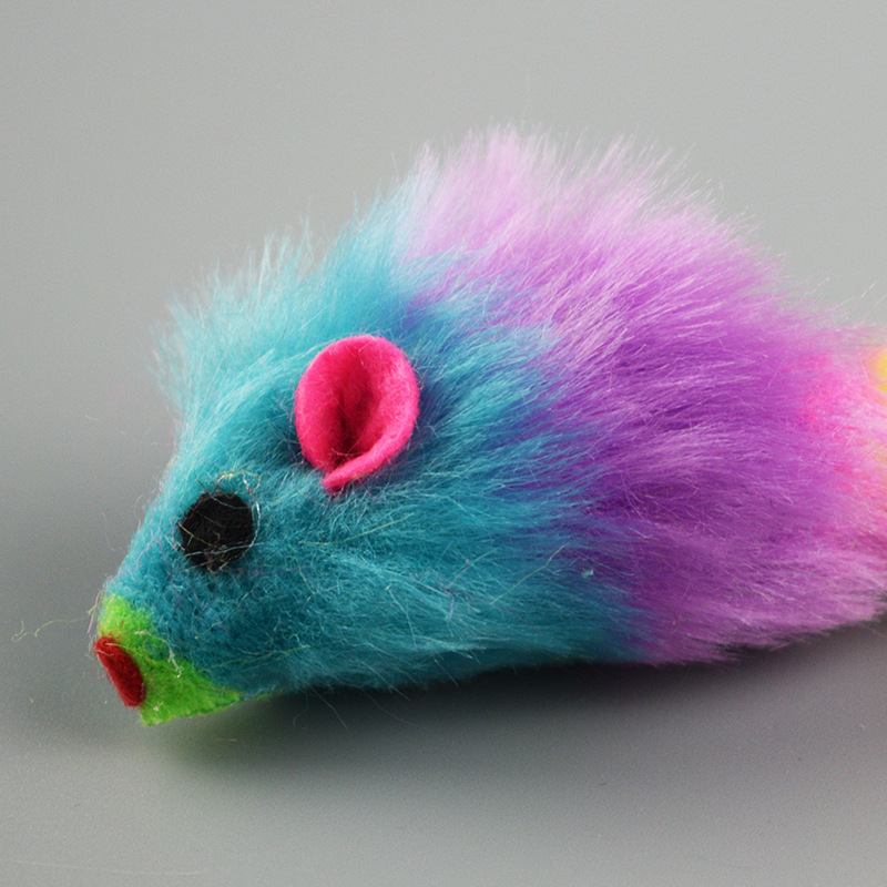Colorful feather tail two-color mouse cat toy realistic plush mouse pet toy factory supply