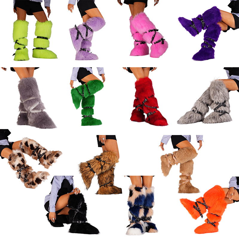 Cross-Border New Hot Girl High-Top Strap Snow Boots Plus Velvet Rivets Fox Fur Boots Winter Strap Plush Boots