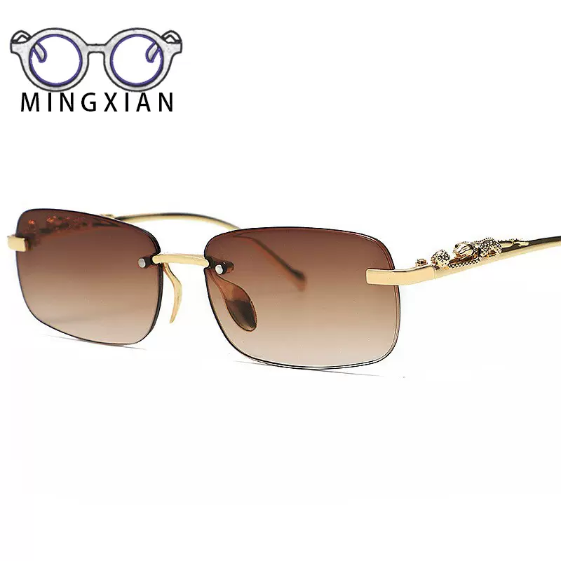 欧美跨境 25新款无框金属切边猫眼太阳镜女个性豹子装饰墨镜眼镜