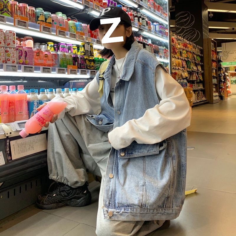 Hong Kong Style Retro Large Pocket Denim Vest for Women, Summer 2025 New Large Size Loose Slimming Vest Jacket