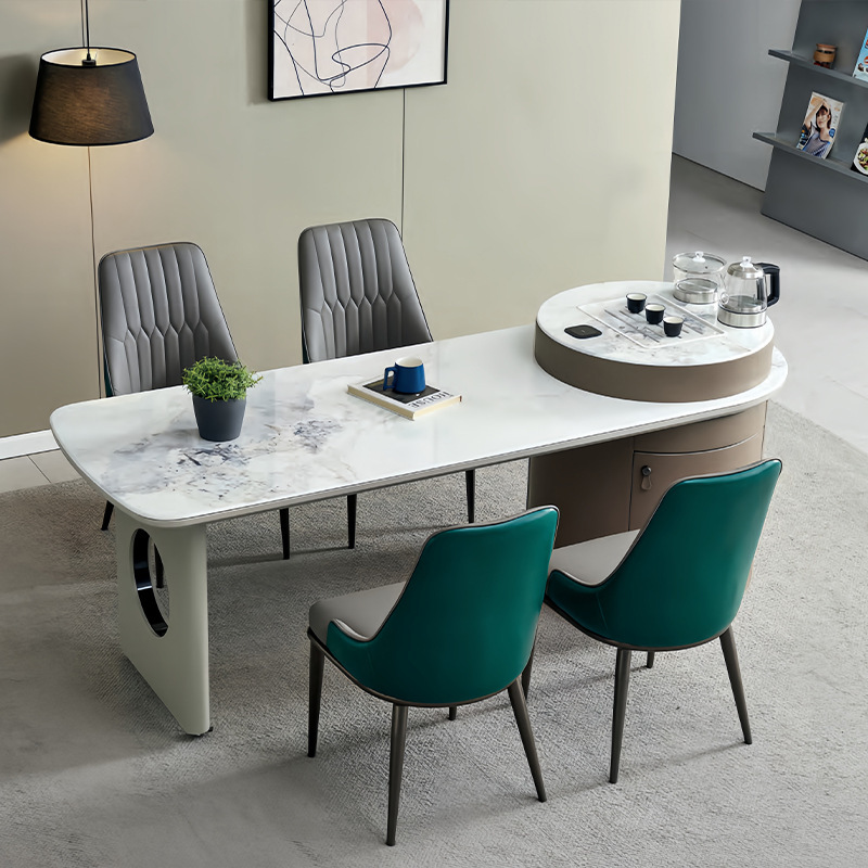 岩板餐桌多功能一体家用开放式轻奢现代简约设计师360度旋转岛台