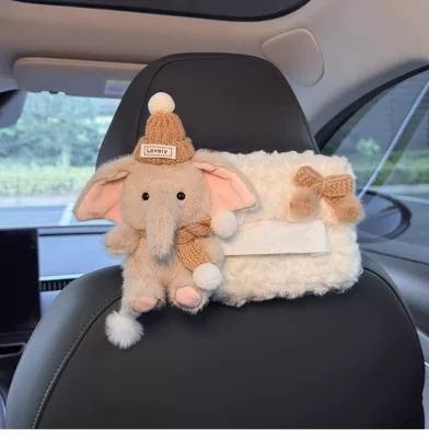 Cute Elephant Car Tissue Box 2026 New Model Rear Seat Headrest Hanging Style with a High-end Feel for Women (Car tissue box/set) - khaki-hat-scarf-elephant-tissue-cover