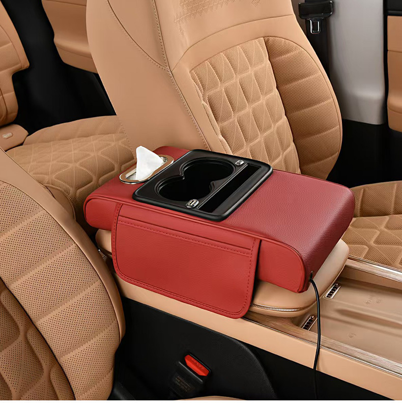 Car Charging Armrest Box, Universal Car Tissue Box, Extended and Thickened Four-In-One Armrest Box with Height-Increasing Pad