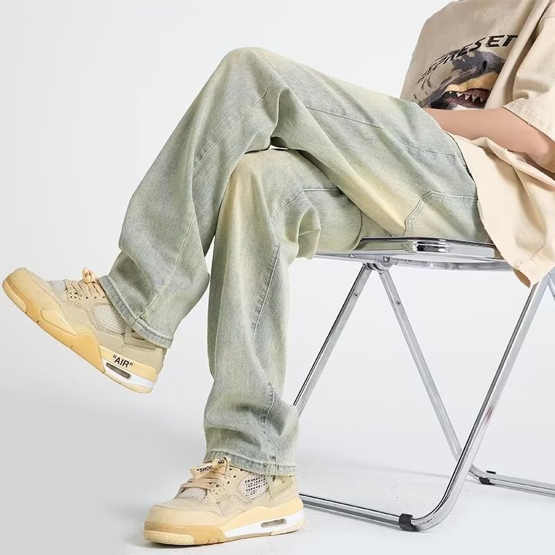 Vaqueros vintage desgastados, marca de moda de otoño para hombres, pantalones anchos de trapeador sueltos rectos y guapos de la calle alta americana