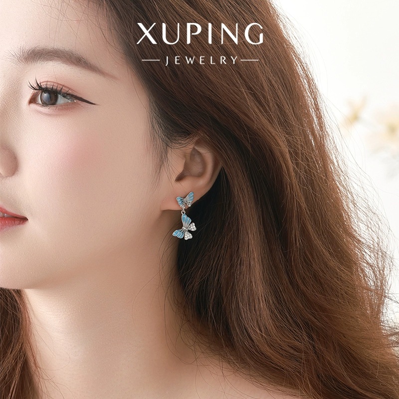 Xuping serie de goteo de aceite francés suave sensación de doble mariposa pendientes de zircon artificial pequeños pendientes frescos redondos para mujeres