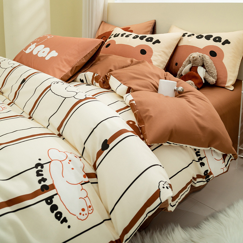 Juego de cuatro piezas de algodón de dibujos animados 2024 nuevo estilo sábana de algodón fresco funda de edredón sábana ropa de cama de verano