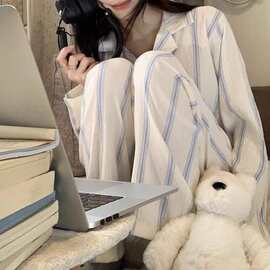 春秋女睡衣长袖长裤云朵棉开衫翻领大码两件套装简约ins风家居服