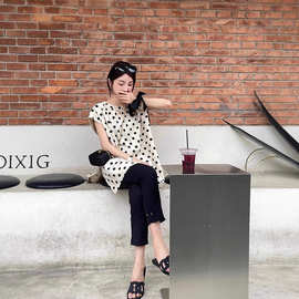 开叉设计百搭小飞袖宽松中长款上衣2025夏季新款休闲简约波点裙女