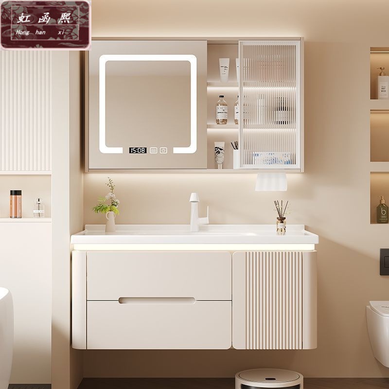 Rubber Wood Cream Bathroom Cabinet Ceramic Integrated Cream Bathroom Smart Combination Wash Basin Wash Basin