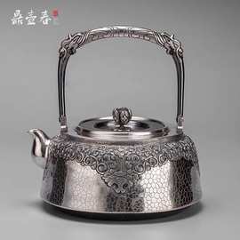 鼎壶春段六一大师 纯银999银壶茶道家用手工錾刻龙提卷草烧水大壶